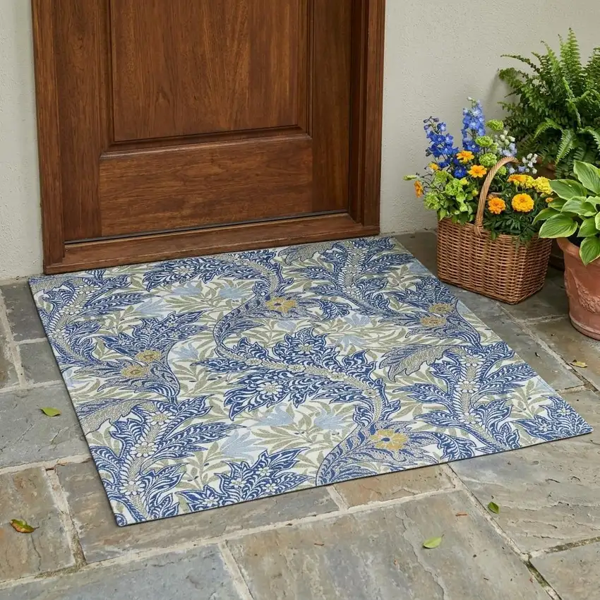 Blue And Gray Botanical Leaves Washable Indoor Outdoor Area Rug Photo 1
