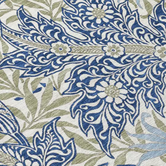 Blue And Gray Botanical Leaves Washable Indoor Outdoor Area Rug Photo 4