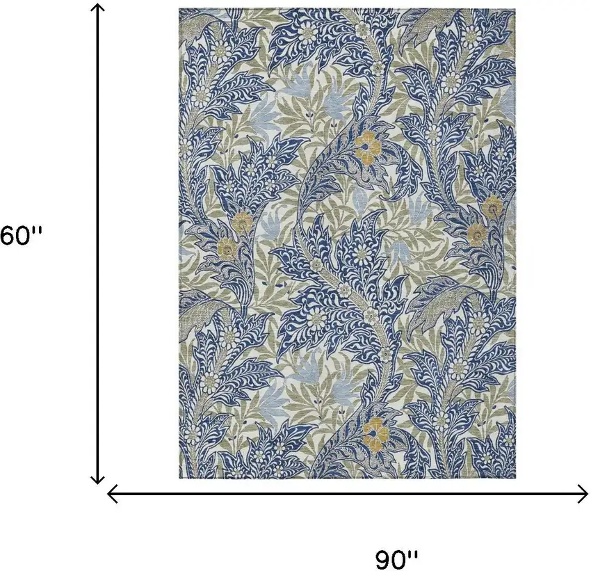 Blue And Gray Botanical Leaves Washable Indoor Outdoor Area Rug Photo 5