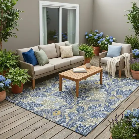 Blue And Gray Botanical Leaves Washable Indoor Outdoor Area Rug Photo 1