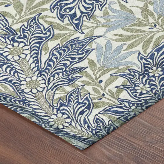 Blue And Gray Botanical Leaves Washable Indoor Outdoor Area Rug Photo 3
