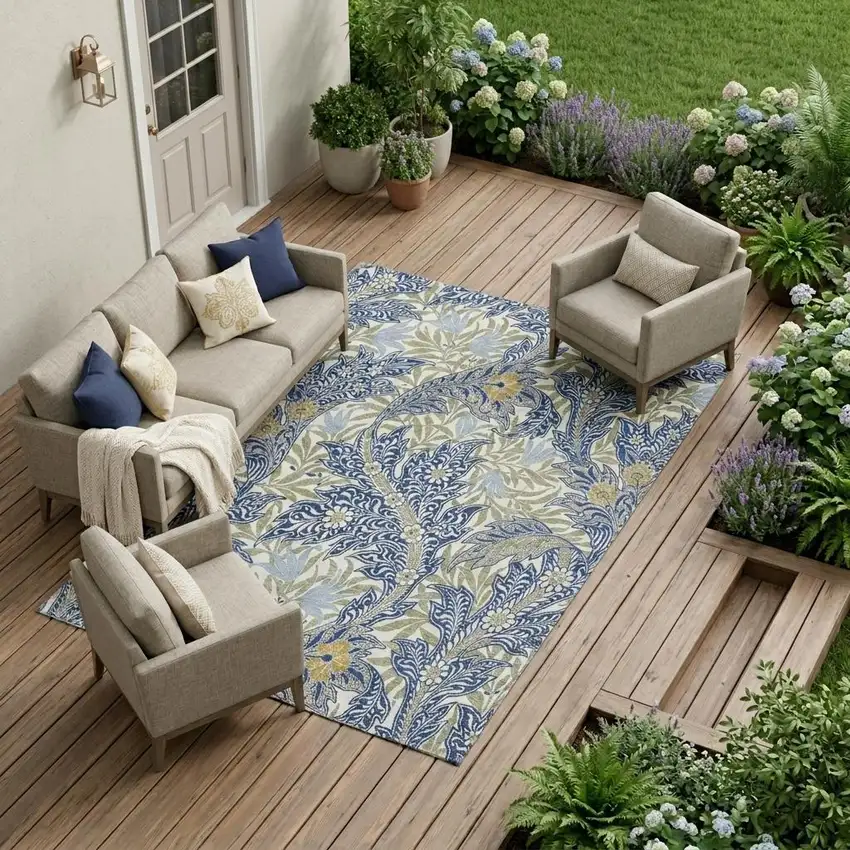 Blue And Gray Botanical Leaves Washable Indoor Outdoor Area Rug Photo 1