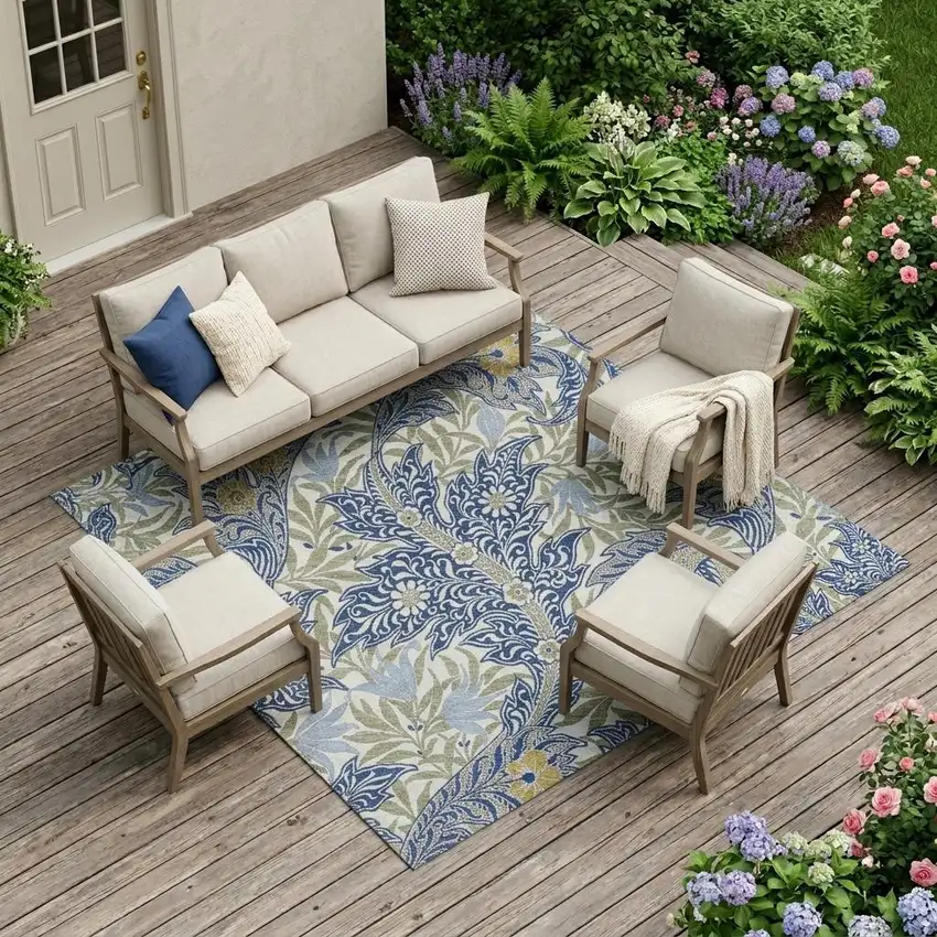 Blue And Gray Botanical Leaves Washable Indoor Outdoor Area Rug Photo 1