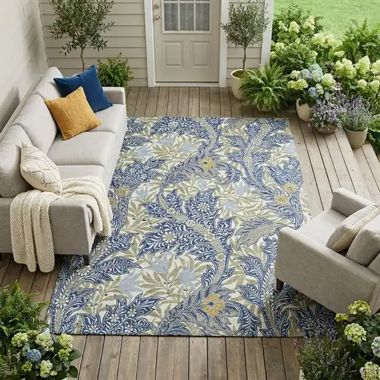 Blue And Gray Botanical Leaves Washable Indoor Outdoor Area Rug Photo 1