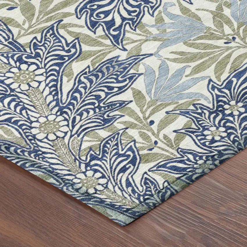 Blue And Gray Botanical Leaves Washable Indoor Outdoor Area Rug Photo 3