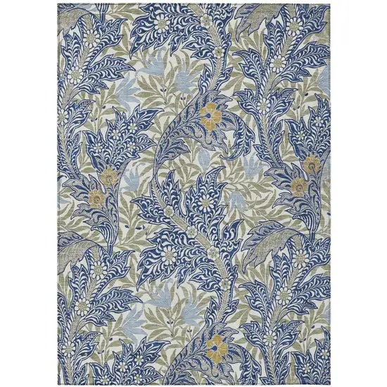 Blue And Gray Botanical Leaves Washable Indoor Outdoor Area Rug Photo 2