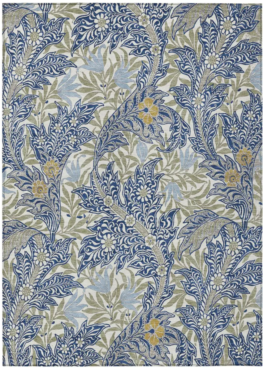 Blue And Gray Botanical Leaves Washable Indoor Outdoor Area Rug Photo 2
