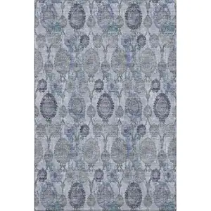 Photo of Blue And Gray Damask Washable Area Rug With UV Protection
