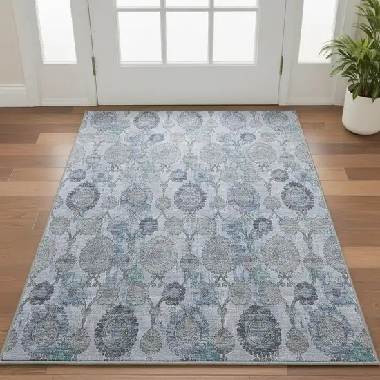 Blue And Gray Damask Washable Area Rug With UV Protection Photo 2