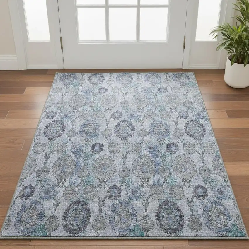 Blue And Gray Damask Washable Area Rug With UV Protection Photo 2