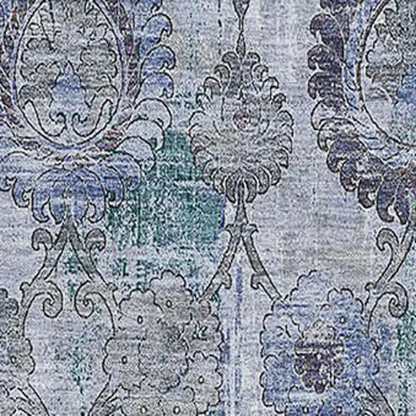 Blue And Gray Damask Washable Area Rug With UV Protection Photo 3