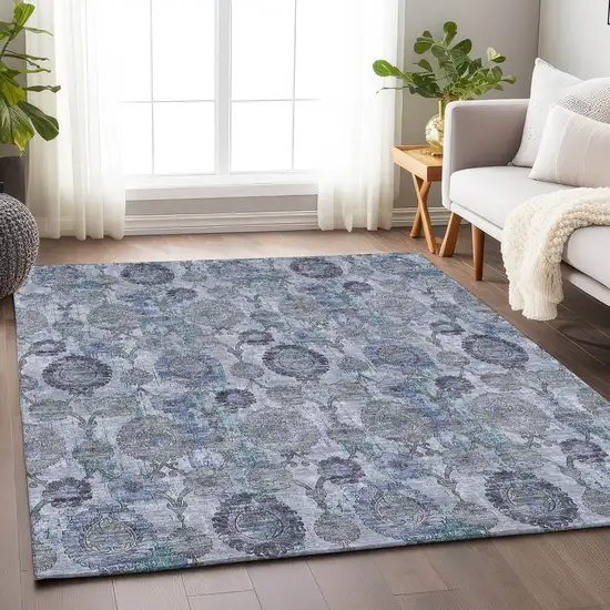 Blue And Gray Damask Washable Area Rug With UV Protection Photo 6