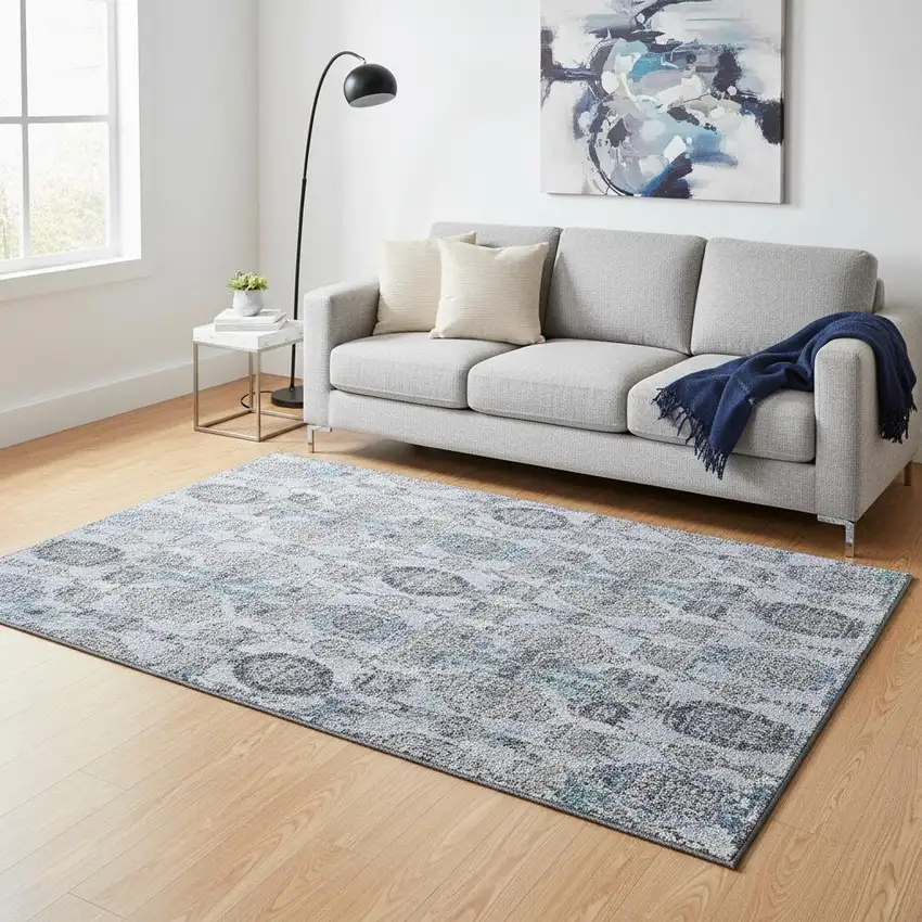 Blue And Gray Damask Washable Area Rug With UV Protection Photo 2