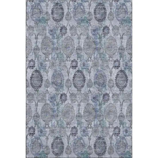 Blue And Gray Damask Washable Area Rug With UV Protection Photo 1