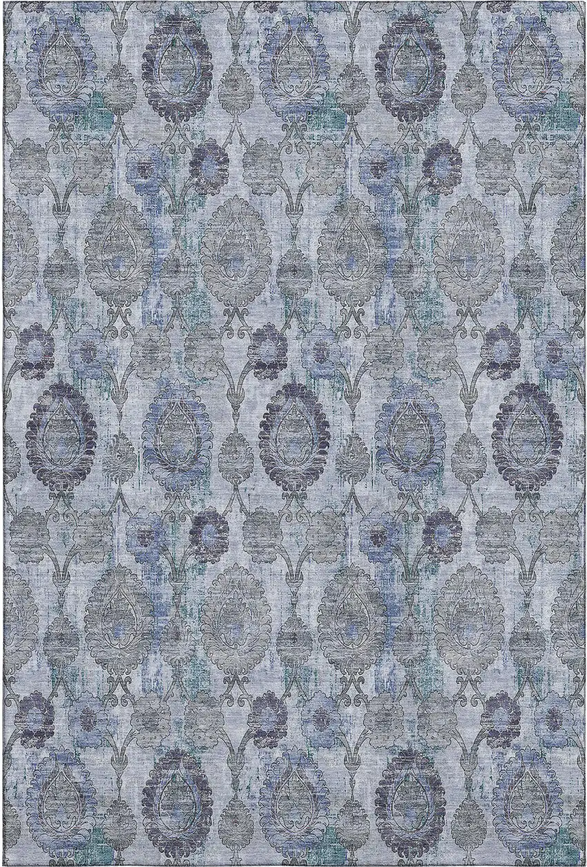 Blue And Gray Damask Washable Area Rug With UV Protection Photo 1