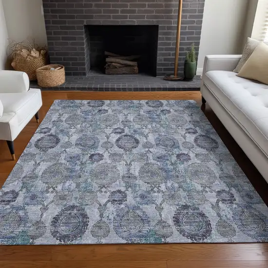 Blue And Gray Damask Washable Area Rug With UV Protection Photo 5
