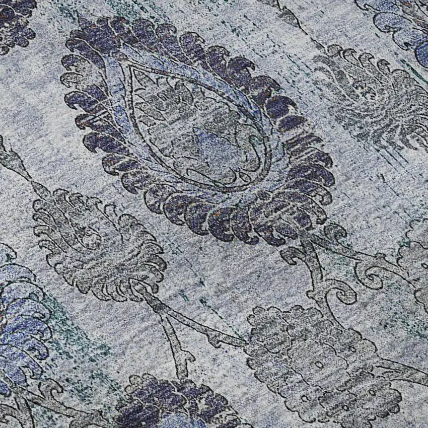 Blue And Gray Damask Washable Area Rug With UV Protection Photo 9