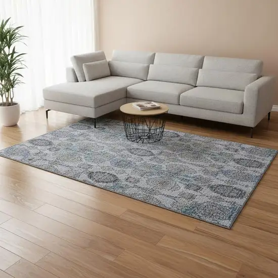 Blue And Gray Damask Washable Area Rug With UV Protection Photo 2