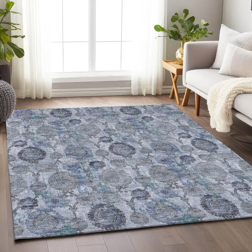 Blue And Gray Damask Washable Area Rug With UV Protection Photo 5