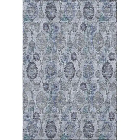 Blue And Gray Damask Washable Area Rug With UV Protection Photo 3