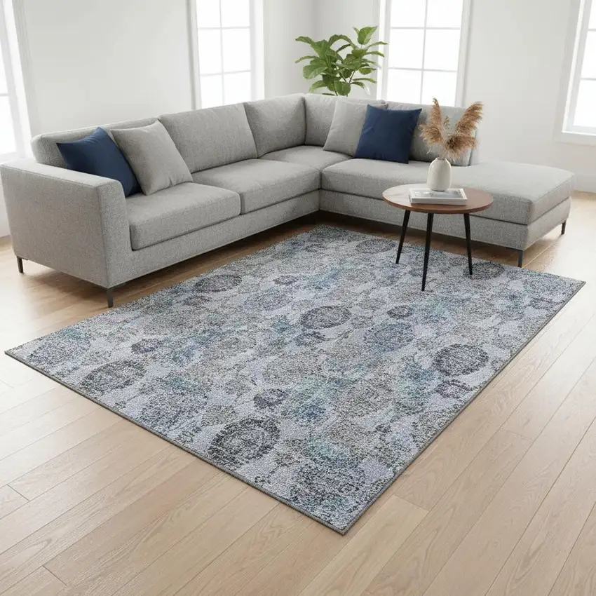 Blue And Gray Damask Washable Area Rug With UV Protection Photo 2