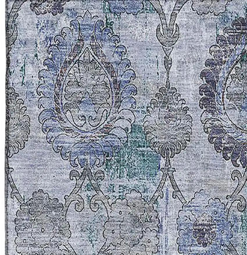 Blue And Gray Damask Washable Area Rug With UV Protection Photo 3