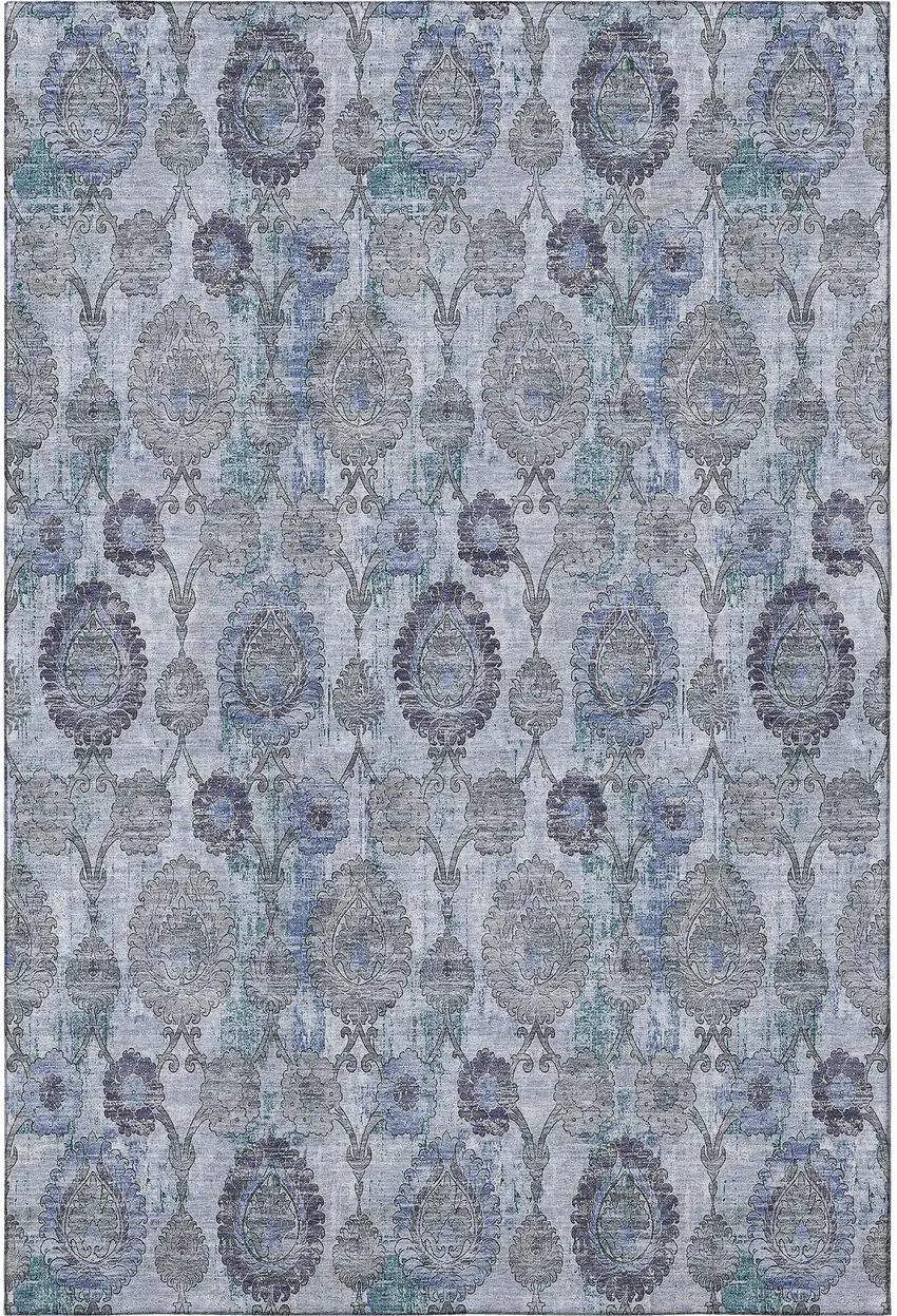 Blue And Gray Damask Washable Area Rug With UV Protection Photo 4