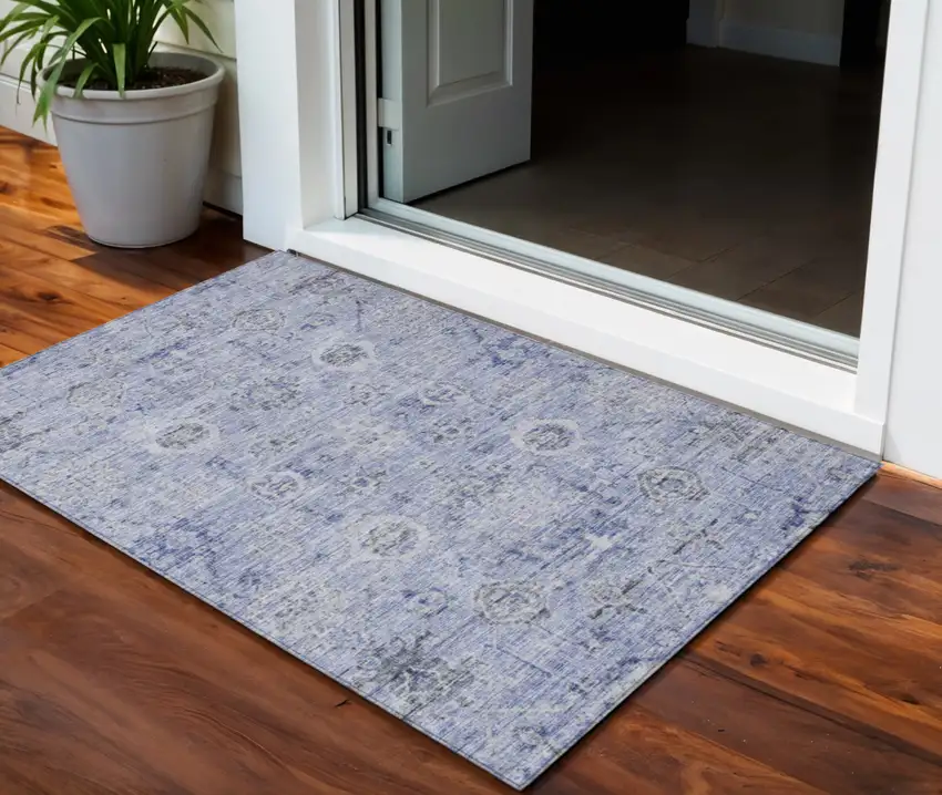 Blue And Gray Damask Washable Indoor Outdoor Area Rug Photo 1