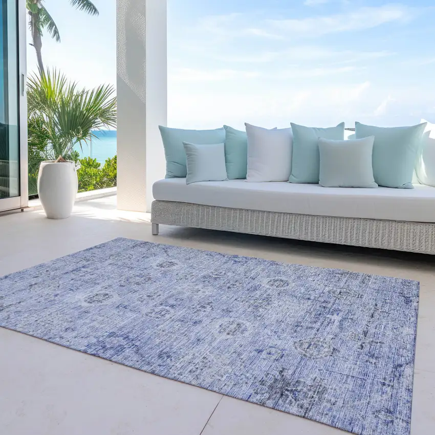Blue And Gray Damask Washable Indoor Outdoor Area Rug Photo 7