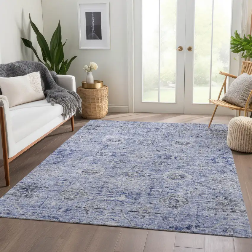 Blue And Gray Damask Washable Indoor Outdoor Area Rug Photo 9