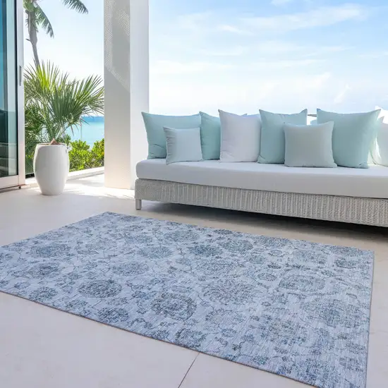 Blue And Gray Damask Washable Indoor Outdoor Area Rug Photo 5
