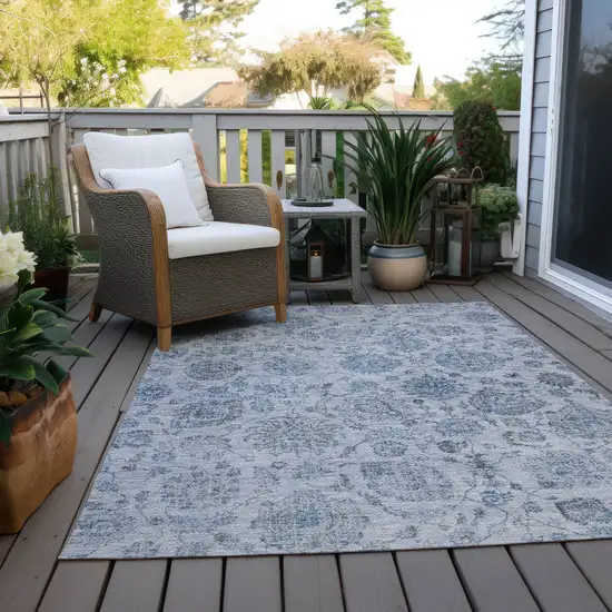 Blue And Gray Damask Washable Indoor Outdoor Area Rug Photo 8