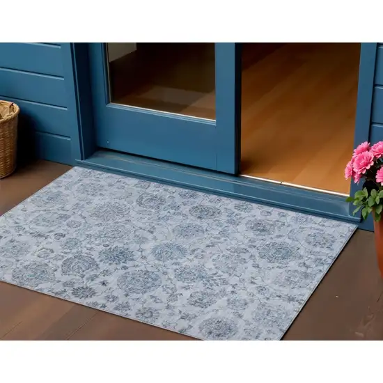 Blue And Gray Damask Washable Indoor Outdoor Area Rug Photo 2