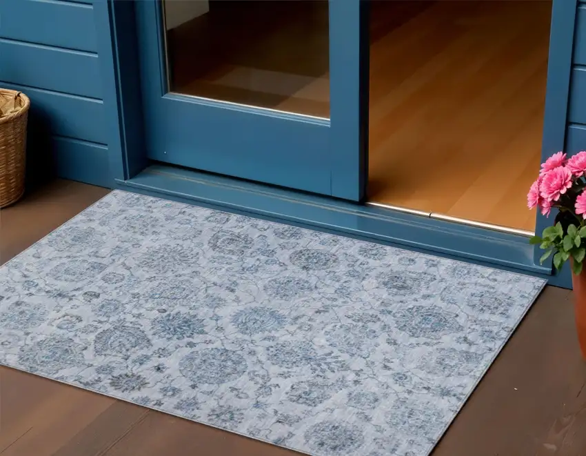 Blue And Gray Damask Washable Indoor Outdoor Area Rug Photo 2