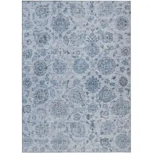 Photo of Blue And Gray Damask Washable Indoor Outdoor Area Rug