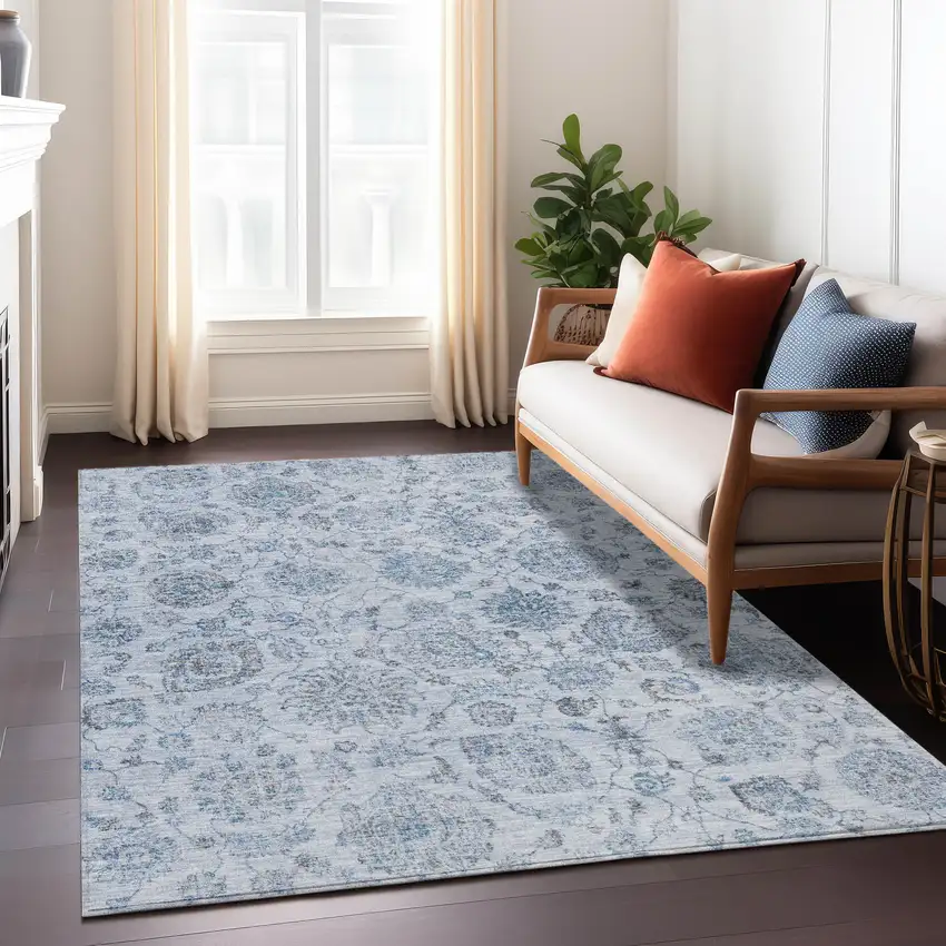 Blue And Gray Damask Washable Indoor Outdoor Area Rug Photo 7