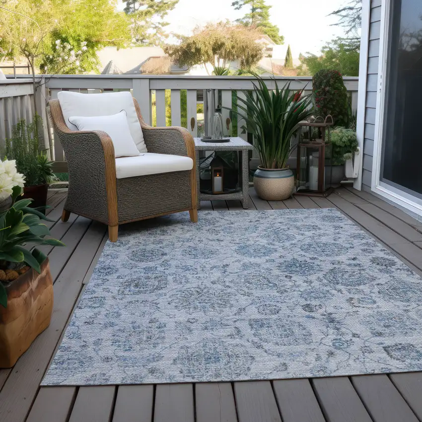 Blue And Gray Damask Washable Indoor Outdoor Area Rug Photo 8