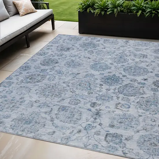 Blue And Gray Damask Washable Indoor Outdoor Area Rug Photo 2
