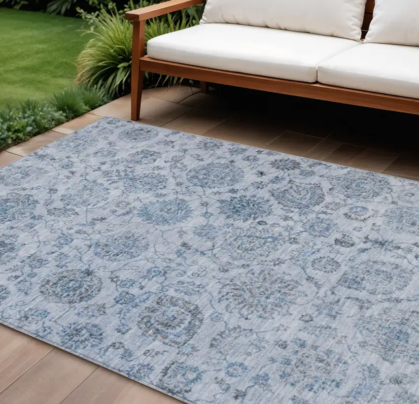 Blue And Gray Damask Washable Indoor Outdoor Area Rug Photo 2