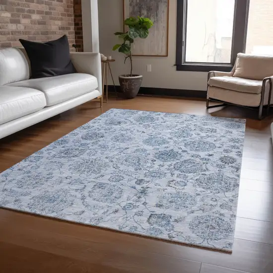 Blue And Gray Damask Washable Indoor Outdoor Area Rug Photo 6