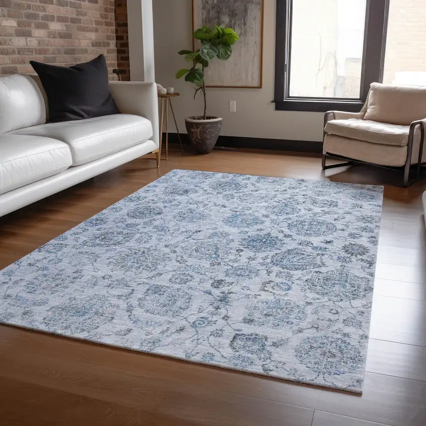 Blue And Gray Damask Washable Indoor Outdoor Area Rug Photo 6
