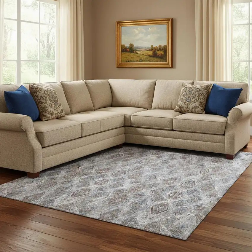 Blue And Gray Diamond Washable Area Rug With UV Protection Photo 1