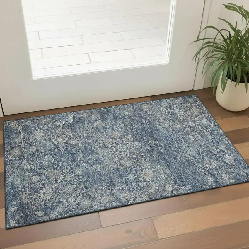 Blue And Gray Floral Medallion Washable Area Rug With UV Protection Photo 1