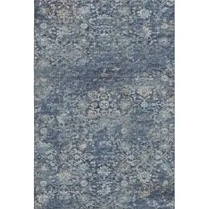 Photo of Blue And Gray Floral Medallion Washable Area Rug With UV Protection