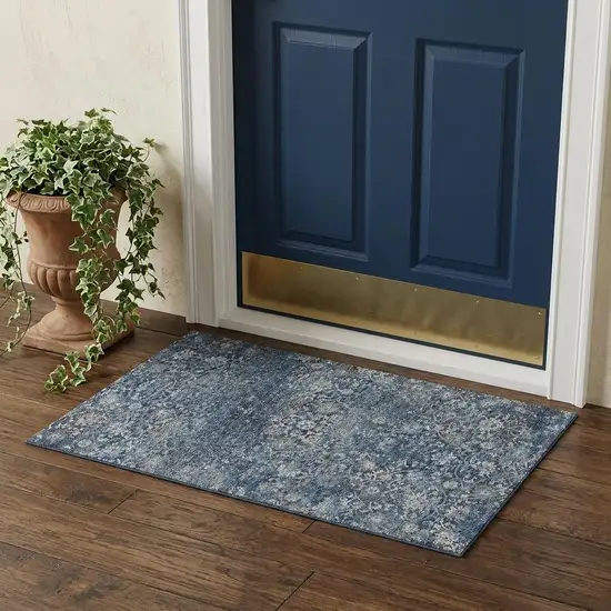Blue And Gray Floral Medallion Distressed Washable Area Rug With UV Protection Photo 1