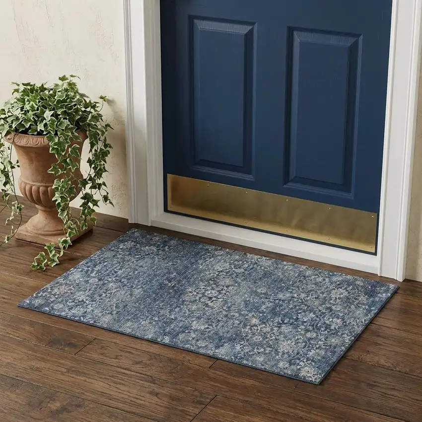 Blue And Gray Floral Medallion Distressed Washable Area Rug With UV Protection Photo 1