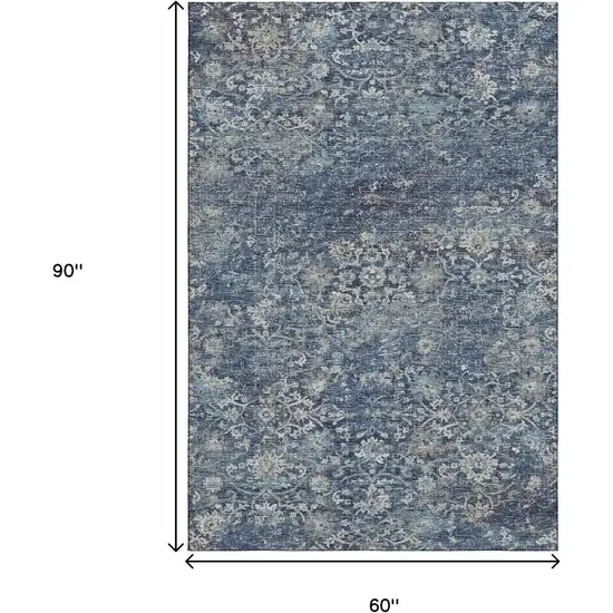 Blue And Gray Floral Medallion Washable Area Rug With UV Protection Photo 3