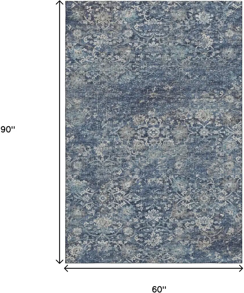 Blue And Gray Floral Medallion Washable Area Rug With UV Protection Photo 3