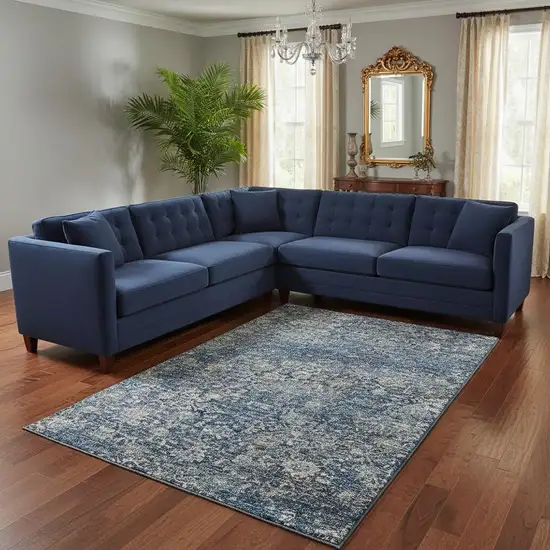 Blue And Gray Floral Medallion Washable Area Rug With UV Protection Photo 1