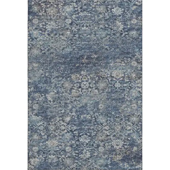 Blue And Gray Floral Medallion Washable Area Rug With UV Protection Photo 2